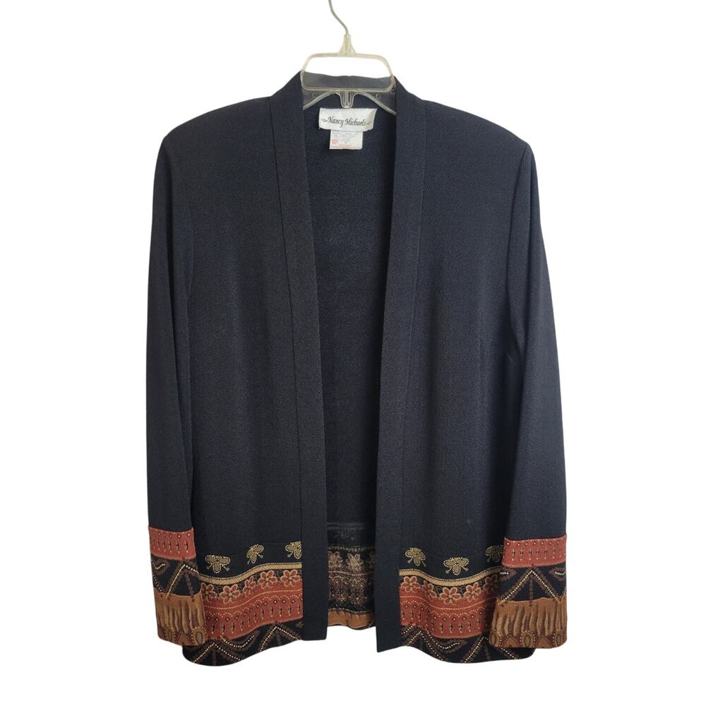 NWT Nancy‎ Michaels Black Floral Open Front Cardigan Sweater Women's Size 8